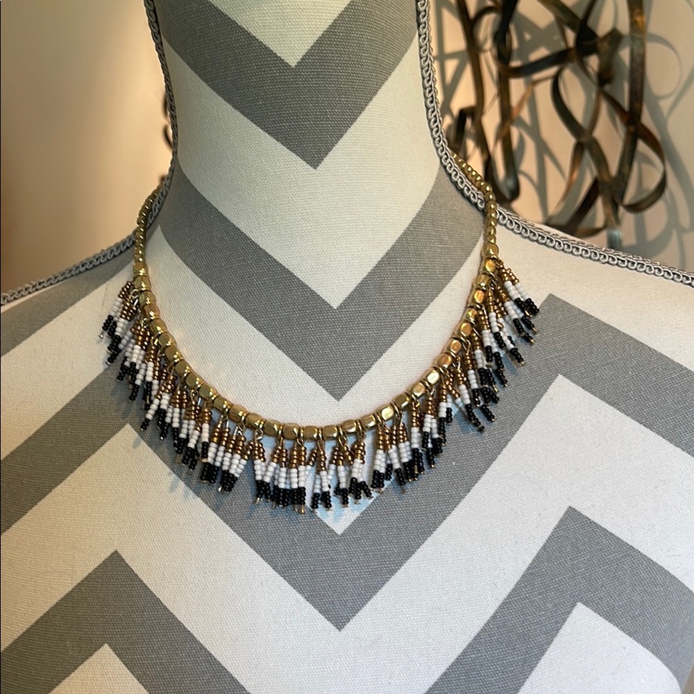 A New Day Women's Gold Black Boho Beaded Fringe Collar Necklace NWT